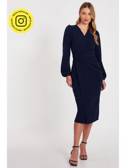 Quiz Clothing - Navy Blue V-Neck Long Sleeve Wrap Midi Dress