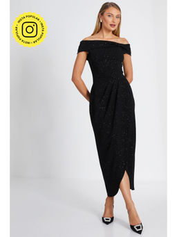 Quiz Clothing - Black Glitter Embellished Off- Shoulder Bodycon Midi Dress