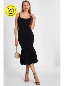 Quiz Clothing - Black Round Neck Shoulder Straps Peplum Midi Dress