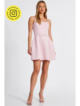 Quiz Clothing - Pink Square Neck Sleeveless Waisted Mini Dress