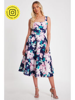 Quiz Clothing - Multicolor Square Neck Sleeveless Floral Midi Skater Dress