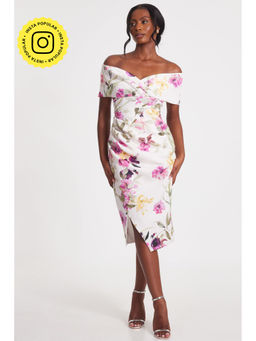 Quiz Clothing - White Off-Shoulder Floral Bodycon Midi Dress