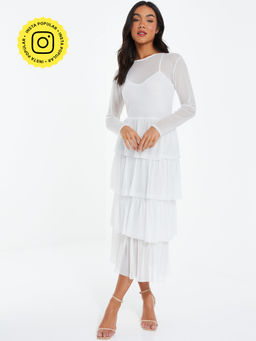 Quiz Clothing - White Mesh Round Neck Full Sleeves Layered Skater Midi Dress