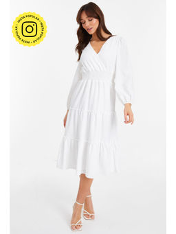Quiz Clothing - White V-Neck Full Sleeve Waisted Fit And Flared Midi Dress