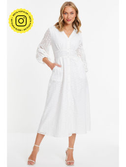Quiz Clothing - White Schiffli Buttoned Waisted V-Neck Midi Dress