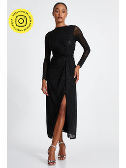 Quiz Clothing - Black Embellished Front Knot Round Neck Long Sleeve Midi Dress