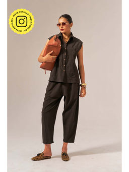 SPACE - Oversized Kala Brown Cotton Chaand Sleeveless Shirt And Elasticated Waist Pant