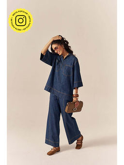 SPACE - Collared Cotton Slub Blue Denim Shirt With Flared Pant