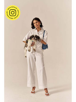 SPACE - White Pocketed Cotton Denim Shirt With Flared Pant