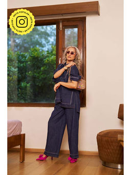 SPACE - Bora Bora Blue Kaftan Style Relaxed Collared Denim Shirt With Flared Pant