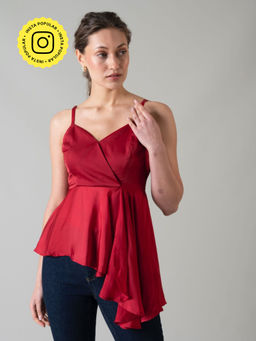 Style Island - Women's Red Viscose Rayon Zoe Asymmetrical Top