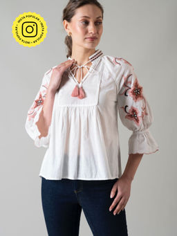 Style Island - Women's White Cotton Lyla Embroidered Top