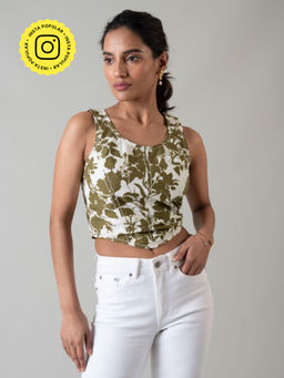 Style Island - Women's Olive Cotton Eden Floral Corset Top