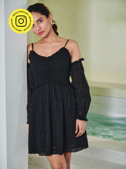 Style Island - Women's Cotton Fit And Flare Brunette Black Skater Dress