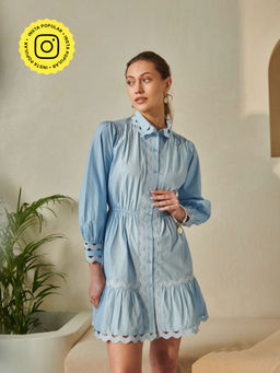 Style Island - Women's Blue Cotton Fit And Flare Wave Poplin Dress