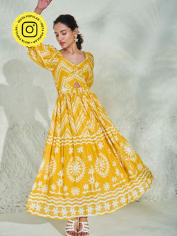 Style Island - Women's Mustard Viscose Fit And Flare Luna Printed Maxi Dress