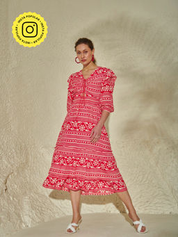 Style Island - Women's Red Viscose Fit And Flare Maya Printed Maxi Dress