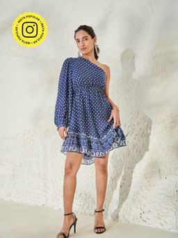 Style Island - Women's Blue Viscose Fit And Flare Isla One Shoulder Short Dress