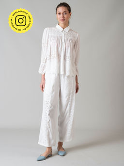 Style Island - Women's White Viscose Rayon Alba Schiffli Co-ord Pants