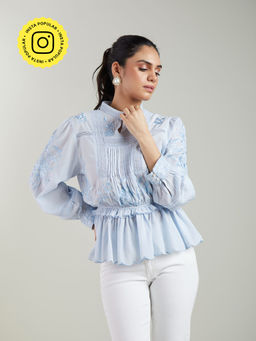 Style Island - Womens Blue Cotton Blend Faye Embroidered Top