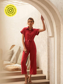 Style Island - Adele Red Jumpsuit with a Tie Waist Belt- Red