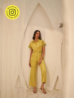 Style Island - Adele Lime Jumpsuit with a Tie Waist Belt- Yellow