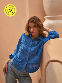 Style Island - Flower Embroidered Blossom Shirt-Blue
