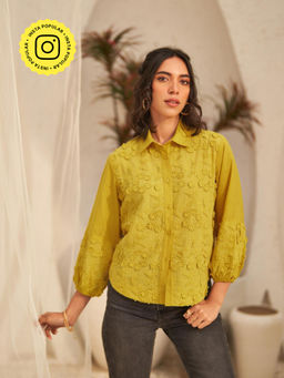 Style Island - Flower Embroidrered Blossom Shirt-Yellow