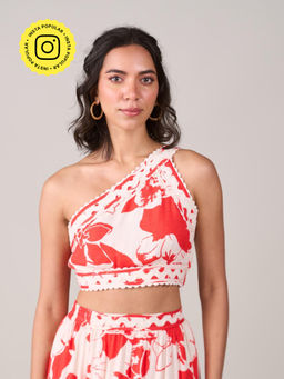 Style Island - Lina FLoral One Shoulder Crop Top-Orange
