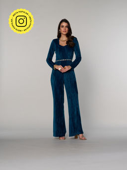 Style Island - Serena Velvet Jumpsuit Sweetheart Neck Full Sleeves - Turquoise (Set of 2)