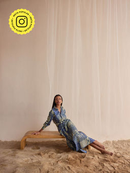 Style Island - Blue Printed A-Line Midi Dress and Belt