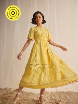 Style Island - Yellow Self Design A-Line Maxi Dress
