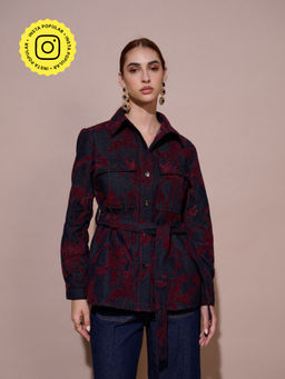 Style Island - Women Denim Velvet Maroon Printed Jacket