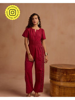 Style Island - Women Khloe Linen Embroidered Red Jumpsuit