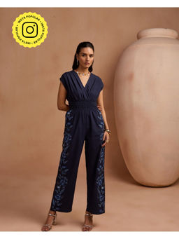 Style Island - Women Khloe Linen Embroidered Navy Blue Jumpsuit