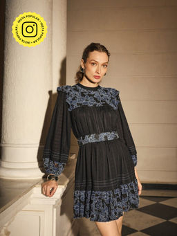 Style Island - Women Blue Round Neck Embroidered Full Sleeves Mini Dress with Belt