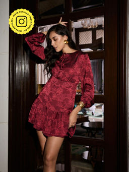 Style Island - Women Red Round Neck Printed Full Sleeves Mini Dress
