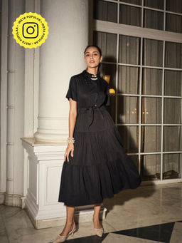 Style Island - Women Black Cotton Collar Neck Solid Half Sleeves Midi Dress