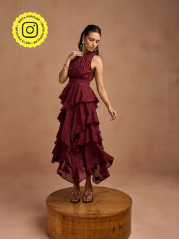 Style Island - Women Maroon Cotton Self Design Dress