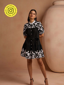 Style Island - Women Black Cotton Self Design Dress