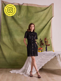 Style Island - Women Black Cotton Self Design Dress