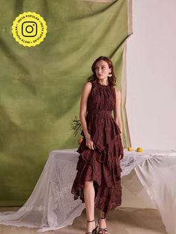 Style Island - Women Brown Cotton Self Design Dress