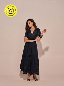 Style Island - Women Black Cotton Self Design Dress