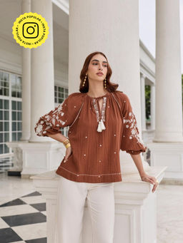 Style Island - Brown Hannah Embroidered Top