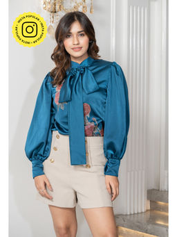 Label Swish - Teal Floral Patch Embroidery Shirt