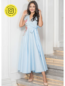 Label Swish - Powder Blue V Neck Midi Dress With Floral Patch Embroidery.