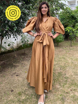 Label Swish - Beige Cotton Front Tie Up Balloon Sleeve Maxi Dress