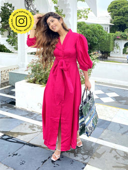 Label Swish - Magenta Cotton Balloon Sleeve Midi Dress