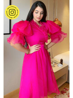 Label Swish - Pink Organza Ruffle A-line Knee Length Dress With Belt (Set of 2)