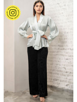 Label Swish - Blue Satin Balloon Sleeve Overlap Tie Up Top